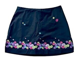 David Paul Black Cotton Embroidered Floral Embroidered Mini Pencil Skort Skirt 4